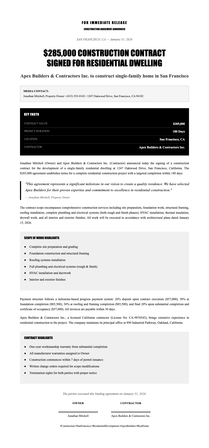 professional construction contract press release media kit